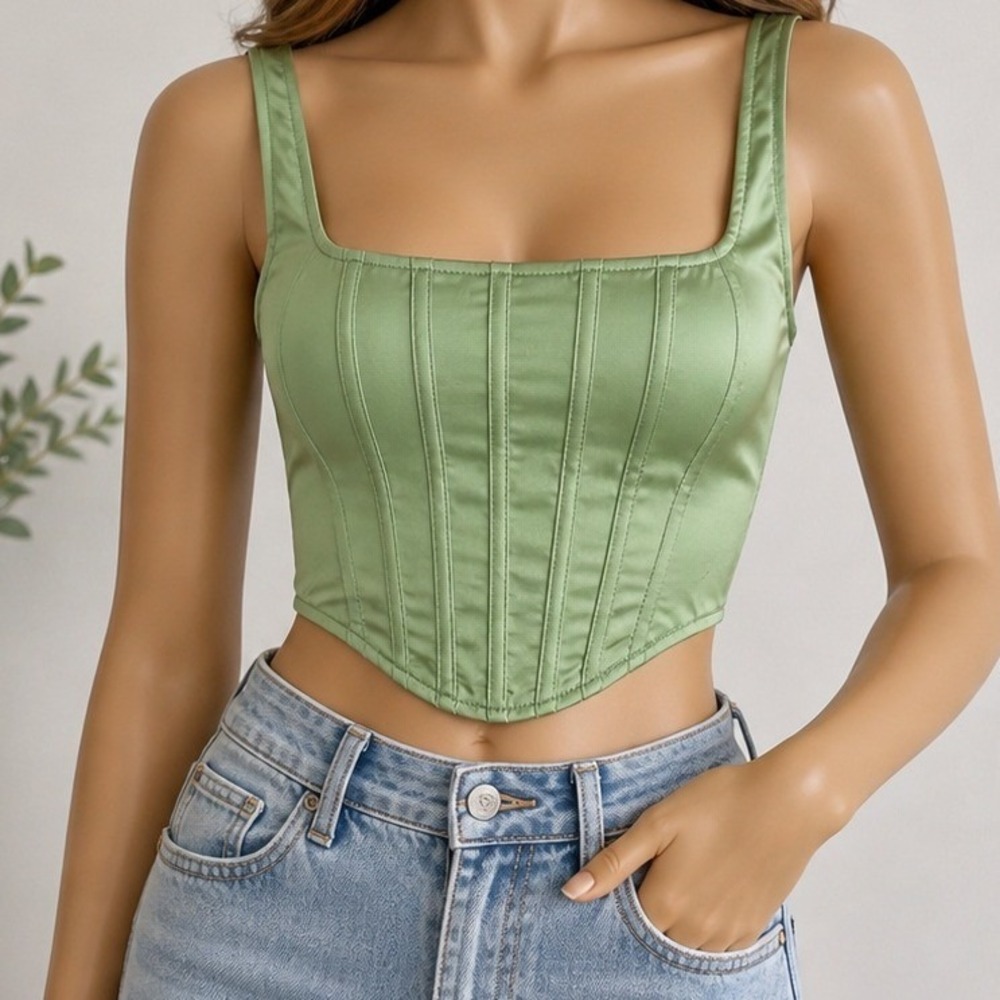Missguided Womens Corset Top Sage Green‎ Satin Boned Bustier US 2